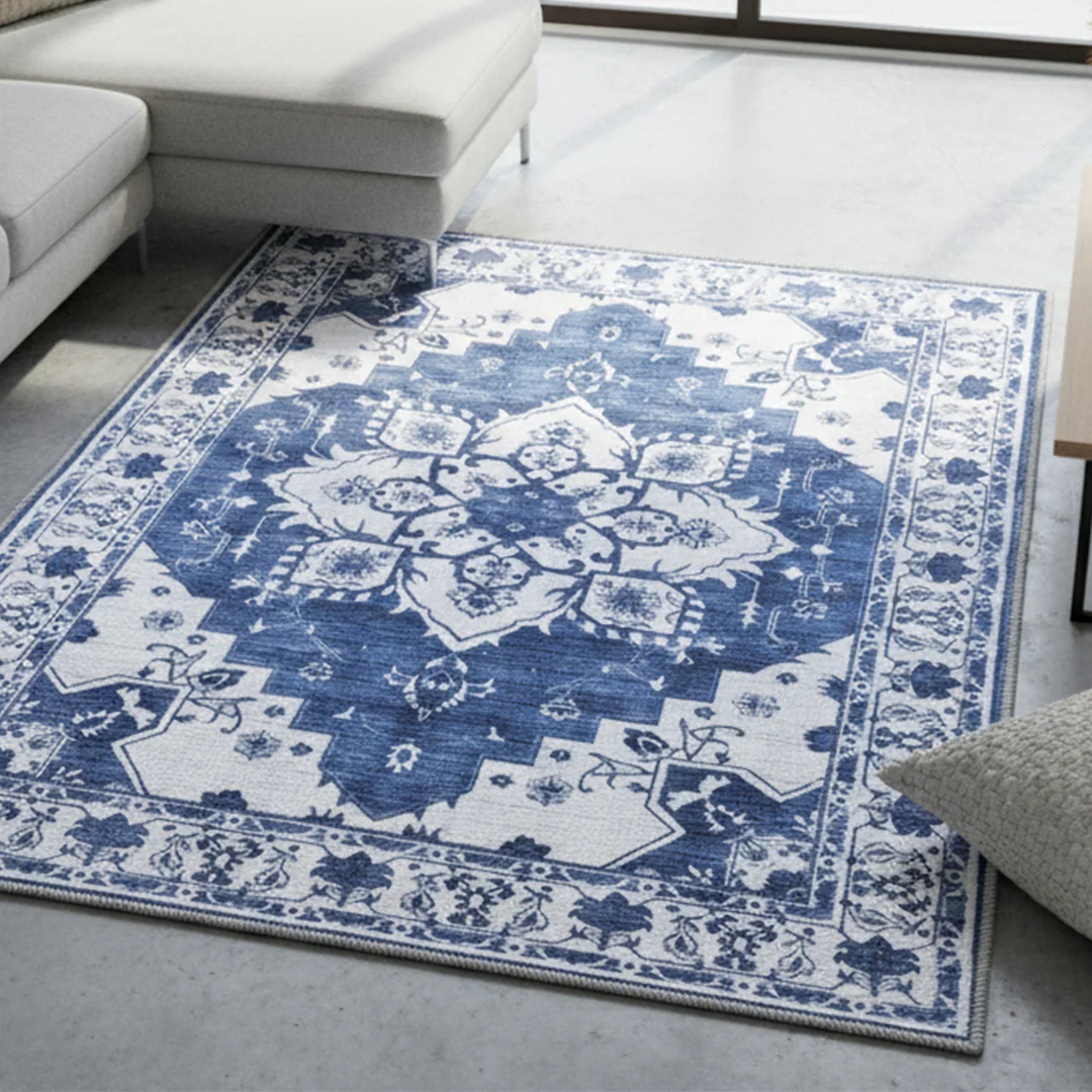 Muddy Mat® Navybell Washable Area Rugs for Living Room, Bedroom & Dining Room – Modern Soft Low Pile Non Slip Carpet – Pet Friendly Waterproof Foldable Rugs for Home